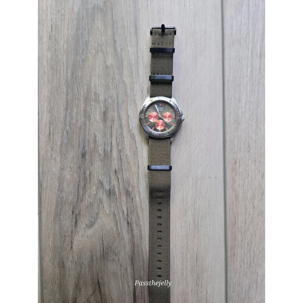 Guess Watch Mens Steel 10 ATM Olive Green Orange Dial NATO Strap Diver Style Y2K